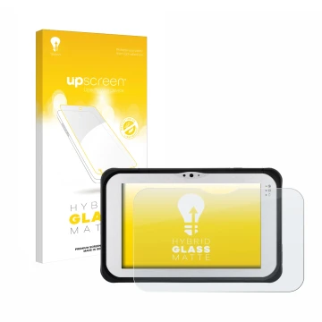 Parte frontal de un envase de producto con el logotipo de la marca upscreen. Al lado se muestra el dispositivo Panasonic Tough