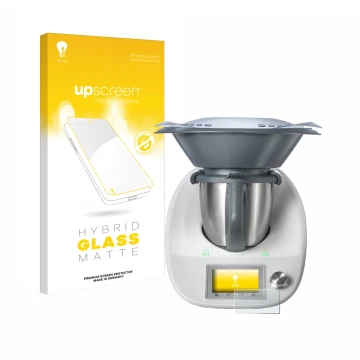 Parte frontal de un envase de producto con el logotipo de la marca upscreen. Al lado se muestra el dispositivo Vorwerk Thermom