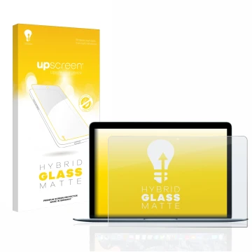 Parte frontal de un envase de producto con el logotipo de la marca upscreen. Al lado se muestra el dispositivo Apple MacBook 1