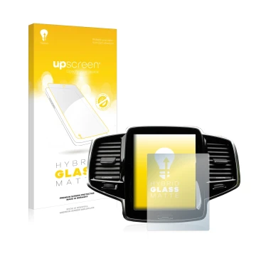 Parte frontal de un envase de producto con el logotipo de la marca upscreen. Al lado se muestra el dispositivo Volvo XC90 Senu