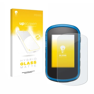 Parte frontal de un envase de producto con el logotipo de la marca upscreen. Al lado se muestra el dispositivo Garmin eTrex To