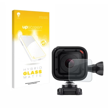 Parte frontal de un envase de producto con el logotipo de la marca upscreen. Al lado se muestra el dispositivo GoPro Hero 4 Se