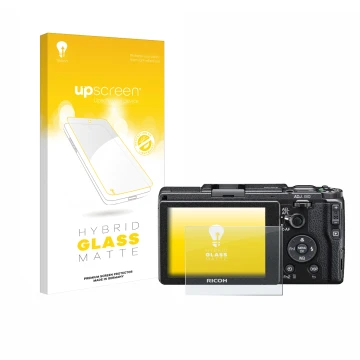 Parte frontal de un envase de producto con el logotipo de la marca upscreen. Al lado se muestra el dispositivo Ricoh GR II 201