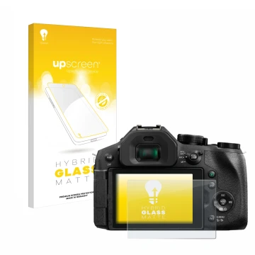 Parte frontal de un envase de producto con el logotipo de la marca upscreen. Al lado se muestra el dispositivo Panasonic Lumix