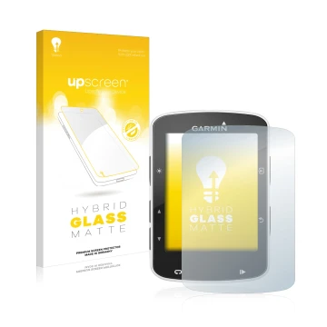 Parte frontal de un envase de producto con el logotipo de la marca upscreen. Al lado se muestra el dispositivo Garmin Edge 520