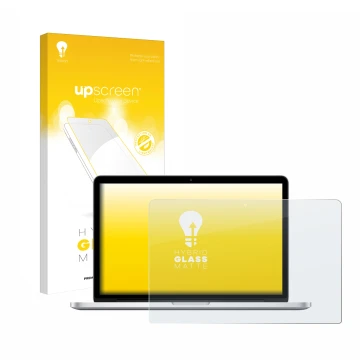 Parte frontal de un envase de producto con el logotipo de la marca upscreen. Al lado se muestra el dispositivo Apple MacBook R