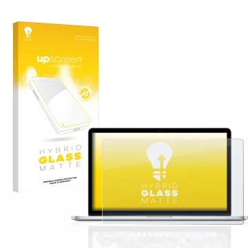 Parte frontal de un envase de producto con el logotipo de la marca upscreen. Al lado se muestra el dispositivo Apple MacBook P