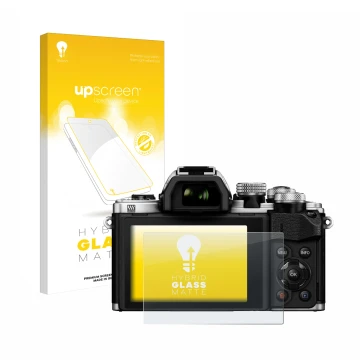 Parte frontal de un envase de producto con el logotipo de la marca upscreen. Al lado se muestra el dispositivo Olympus OM-D E-