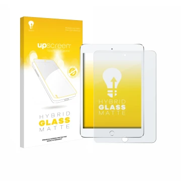 Parte frontal de un envase de producto con el logotipo de la marca upscreen. Al lado se muestra el dispositivo Apple iPad Mini