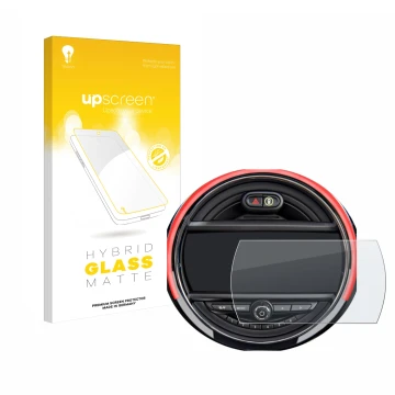 Parte frontal de un envase de producto con el logotipo de la marca upscreen. Al lado se muestra el dispositivo Mini Cooper R56