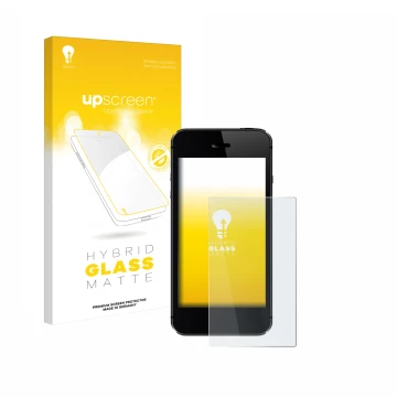 Parte frontal de un envase de producto con el logotipo de la marca upscreen. Al lado se muestra el dispositivo con su protecto