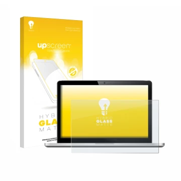 Parte frontal de un envase de producto con el logotipo de la marca upscreen. Al lado se muestra el dispositivo con su protecto