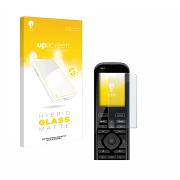 Parte frontal de un envase de producto con el logotipo de la marca upscreen. Al lado se muestra el dispositivo Logitech Harmon