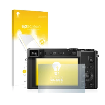 Parte frontal de un envase de producto con el logotipo de la marca upscreen. Al lado se muestra el dispositivo Panasonic Lumix