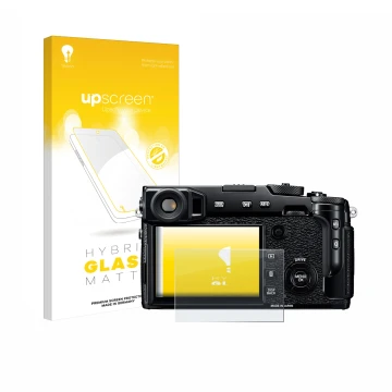 Parte frontal de un envase de producto con el logotipo de la marca upscreen. Al lado se muestra el dispositivo Fujifilm X-Pro2