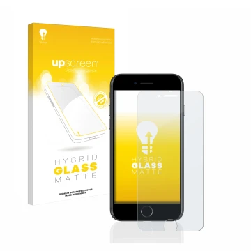 Parte frontal de un envase de producto con el logotipo de la marca upscreen. Al lado se muestra el dispositivo Apple iPhone 7 