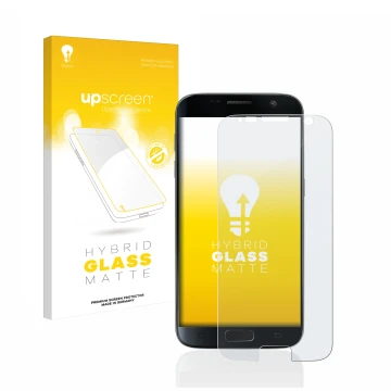 Parte frontal de un envase de producto con el logotipo de la marca upscreen. Al lado se muestra el dispositivo Samsung Galaxy 