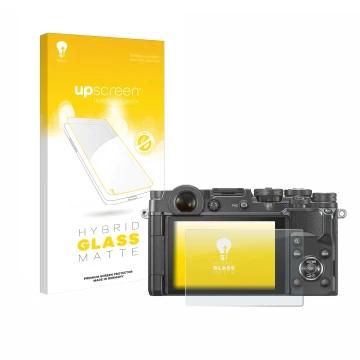 Parte frontal de un envase de producto con el logotipo de la marca upscreen. Al lado se muestra el dispositivo Olympus PEN-F c