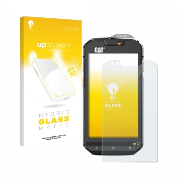 Parte frontal de un envase de producto con el logotipo de la marca upscreen. Al lado se muestra el dispositivo Caterpillar Cat