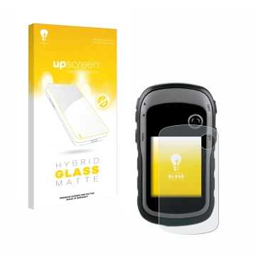 Parte frontal de un envase de producto con el logotipo de la marca upscreen. Al lado se muestra el dispositivo Garmin eTrex 30