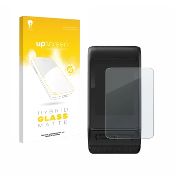 Parte frontal de un envase de producto con el logotipo de la marca upscreen. Al lado se muestra el dispositivo Garmin vivoacti