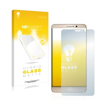 Parte frontal de un envase de producto con el logotipo de la marca upscreen. Al lado se muestra el dispositivo Huawei Mate 9 c