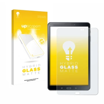 Parte frontal de un envase de producto con el logotipo de la marca upscreen. Al lado se muestra el dispositivo Samsung Galaxy 