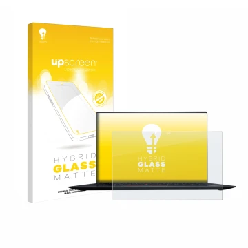 Parte frontal de un envase de producto con el logotipo de la marca upscreen. Al lado se muestra el dispositivo Lenovo ThinkPad