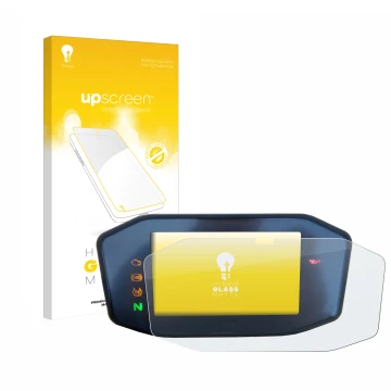 Parte frontal de un envase de producto con el logotipo de la marca upscreen. Al lado se muestra el dispositivo KTM 690 Duke 20