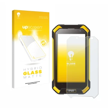 Parte frontal de un envase de producto con el logotipo de la marca upscreen. Al lado se muestra el dispositivo Blackview BV600