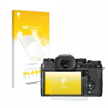 Parte frontal de un envase de producto con el logotipo de la marca upscreen. Al lado se muestra el dispositivo Fujifilm X-T2 c
