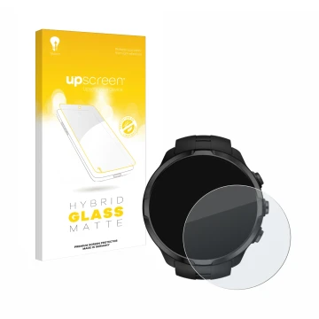 Parte frontal de un envase de producto con el logotipo de la marca upscreen. Al lado se muestra el dispositivo Suunto Spartan 