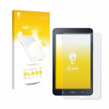 Parte frontal de un envase de producto con el logotipo de la marca upscreen. Al lado se muestra el dispositivo Samsung Galaxy 