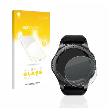 Parte frontal de un envase de producto con el logotipo de la marca upscreen. Al lado se muestra el dispositivo Samsung Gear S3