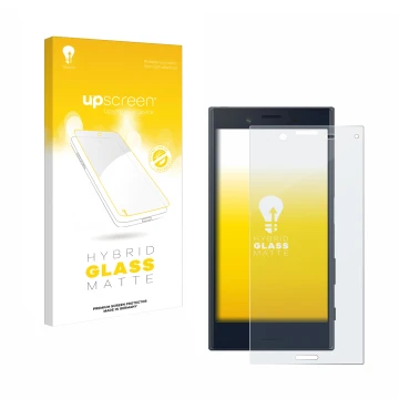 Parte frontal de un envase de producto con el logotipo de la marca upscreen. Al lado se muestra el dispositivo Sony Xperia X C