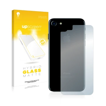 Parte frontal de un envase de producto con el logotipo de la marca upscreen. Al lado se muestra el dispositivo Apple iPhone 7 