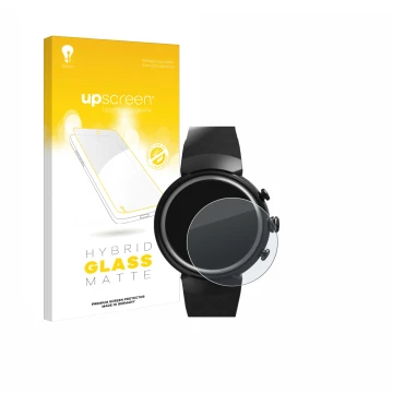 Parte frontal de un envase de producto con el logotipo de la marca upscreen. Al lado se muestra el dispositivo ASUS ZenWatch 3