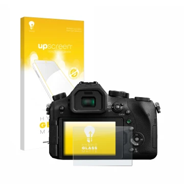 Parte frontal de un envase de producto con el logotipo de la marca upscreen. Al lado se muestra el dispositivo Panasonic Lumix