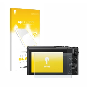 Parte frontal de un envase de producto con el logotipo de la marca upscreen. Al lado se muestra el dispositivo Panasonic Lumix