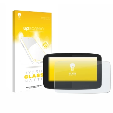 Parte frontal de un envase de producto con el logotipo de la marca upscreen. Al lado se muestra el dispositivo TomTom GO 620 c