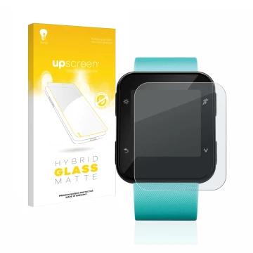 Parte frontal de un envase de producto con el logotipo de la marca upscreen. Al lado se muestra el dispositivo Garmin Forerunn