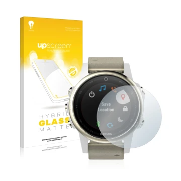 Parte frontal de un envase de producto con el logotipo de la marca upscreen. Al lado se muestra el dispositivo Garmin Fenix 5S