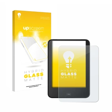 Parte frontal de un envase de producto con el logotipo de la marca upscreen. Al lado se muestra el dispositivo Tolino Vision 4