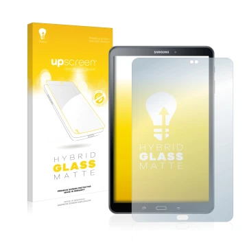 Parte frontal de un envase de producto con el logotipo de la marca upscreen. Al lado se muestra el dispositivo Samsung Galaxy 