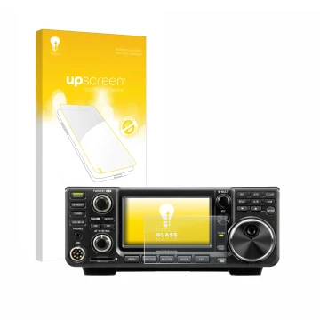 Parte frontal de un envase de producto con el logotipo de la marca upscreen. Al lado se muestra el dispositivo Icom IC-7300 co