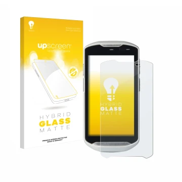 Parte frontal de un envase de producto con el logotipo de la marca upscreen. Al lado se muestra el dispositivo Zebra TC51 con 