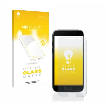 Parte frontal de un envase de producto con el logotipo de la marca upscreen. Al lado se muestra el dispositivo Samsung Galaxy 