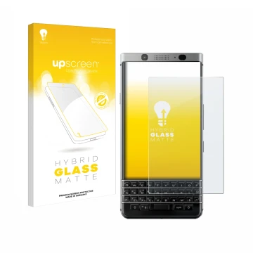 Parte frontal de un envase de producto con el logotipo de la marca upscreen. Al lado se muestra el dispositivo BlackBerry Keyo