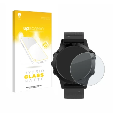Parte frontal de un envase de producto con el logotipo de la marca upscreen. Al lado se muestra el dispositivo Garmin Fenix 5 
