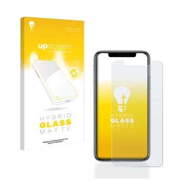 Parte frontal de un envase de producto con el logotipo de la marca upscreen. Al lado se muestra el dispositivo Apple iPhone X 